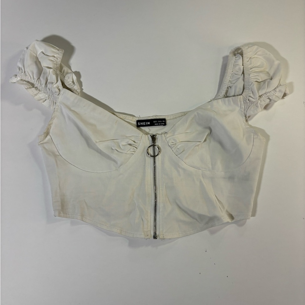 SHEIN Cream Ruffled Crop Top with Zipper
